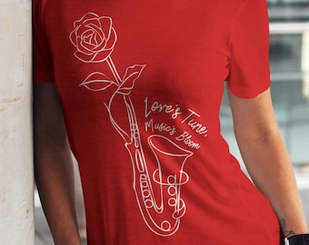 Saxophone Shirt, Saxophone Rose Minimal Line Art T-Shirt, Inspirational Gift for Music Lovers and Saxophonist, Valentine Gift for Musicians