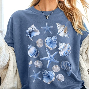 Sea Shell Shirt Comfort Colors Beach T Shirt Ocean Core Blue White Seashells T-shirt Summer Beach Bum Tee Swimsuit Coverup Coastal Surf Tops