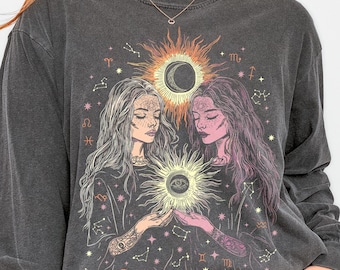 T-shirt à manches longues couleurs confort fantaisiste, t-shirt boho céleste sorcière jumelles horoscope zodiaque gémeaux pour les amateurs d&#39;astrologie cadeau pour elle