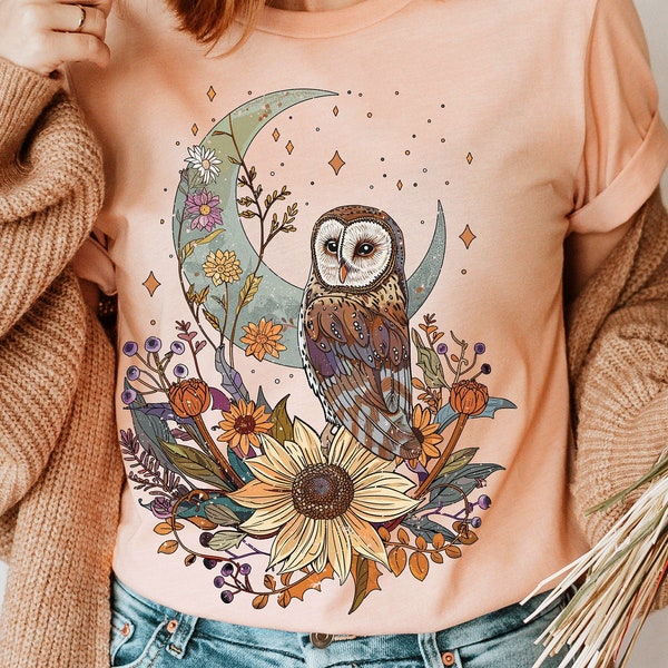 Luna Owl Vintage T-shirt, Bohemian Cottagecore Owl, Celestial Floral Tee, Mystical Moon, Forestcore Aesthetic Bird, Summer Boho Gift for her