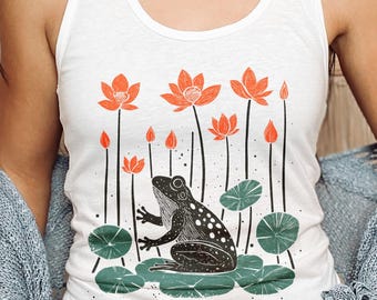 Camiseta sin mangas con diseño de rana, camisetas sin mangas con espalda deportiva para mujer, camiseta de verano para acampar, linda camiseta sin mangas con diseño de ranas de estanque, loto, meditación, rana en linóleo sobre un estanque de nenúfares.