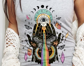 Witchy Hands Tank Top, Boho Witchy Soft Lightweight Summer Top, Women Racerback Shirt, Mystical Whimsical Spiritual Celestial Yoga Tanktop