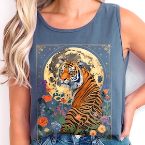 Tiger Tank Top Vintage Comfort Colors Boho Celestial Bohemian Floral Summer Tops Tiger Moon Cotton Tank Tops Gift Snow Tiger Lover Wild Cat