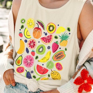 Cute Fruit Tank Top Comfort Colors Retro Tropical Fruits Shirt Lemon Citrus Strawberry Cottagecore Aesthetic Vintage Summer Fruity Vibe Tops