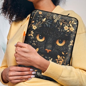 Black Cat eye Laptop Sleeve Case Cottagecore Witchy Hidden kitten in Flowers Protective Padded Cover Bag for MacBook 12" 13" 15" iPad Tablet