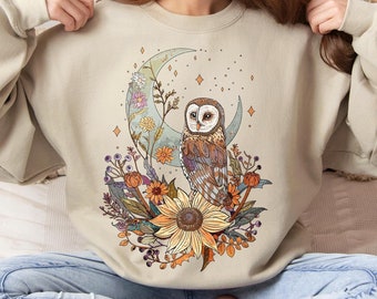 Owl Sweatshirt Cottagecore Boho Floral Owl Sweater, Celestial Mystical Moon Owl Shirt Fall Vibe Aesthetic Luna Owl Hoodie Bird lovers Gift