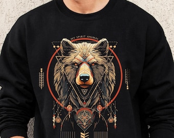 Bear Sweatshirt, Bear Spirit Animal Sweater, Shamanic Indigenous Symbolic, Mystical Grizzly Bear Head Pullover, Wildlife Nature lovers Gifts