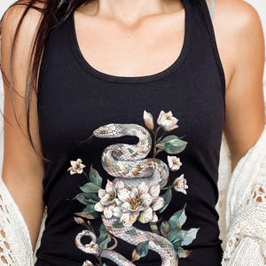 Snake Tank Top, Flower Snake Tank, Floral Snake Shirt, White Snake Summer Top, Women&#39;s Racerback Tank, Serpent Shirt for Snake Lovers Gift