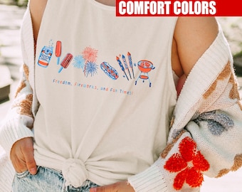 Camiseta sin mangas con colores cómodos del 4 de julio, divertida camiseta para fiesta del Día de la Independencia, camisetas sin mangas con barbacoa de fuegos artificiales de perritos calientes, camiseta patriótica estadounidense del 4 de julio