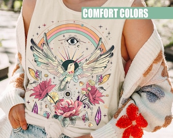 Hummingbird Comfort Colors Tank Top, Bohemian woman&#39;s SummerTop, Spiritual Psychedelic Witchy Mystical Tanks, Garment-Dyed Sleeveless Shirt