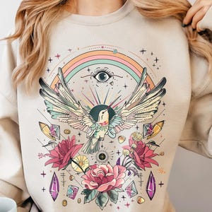 Mystical Sweatshirt Witchy Spiritual Sweater Boho Floral Hummingbird Shirt Evil Eye Rainbow Rose Flowers Crystal Whimsical Hippie Pullover Sand