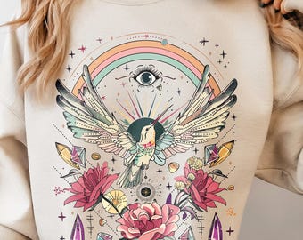 Mystical Sweatshirt Witchy Spiritual Sweater Boho Floral Hummingbird Shirt Evil Eye Rainbow Rose Flowers Crystal Whimsical Hippie Pullover