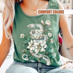 Snake Tank Top Comfort Colors Vintage Washed out White Snake top, Cottage Core Green Witch Snake Tanks, Cool Summer Garment-Dyed Tanktop