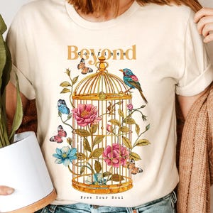 Spiritual T-shirts Women Motivational Tee Vintage Bird Cage Flower Retro Floral Women Shirts Positive Message Inspiring T shirt Saying Shirt