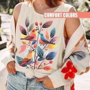 Birds Top, Comfort Colors Tank Top, Cute Colorful Summer Top, Cottagecore Birds & Plant, Botanical Garment-Dyed Vintage Top, Bird Lover Gift