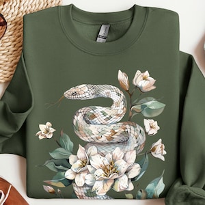 Snake Sweatshirt, Serpent Flowers Boho Witchy Pullover Hoodie, Vintage Goblincore Cottagecore Aesthetic Botanical Floral White Snake Sweater