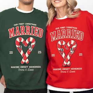 Custom Couples Matching Christmas Shirts, Our First Christmas Together Married Engaged Sweater Candy Cane Sweatshirt Hoodie Retro T shirt