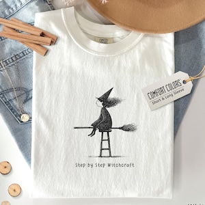 Funny Halloween Witch Shirt, Step by Step Witchcraft, Cute Witch Flying Broom Tee, Minimalist Punny Witchy Long Sleeve Comfort Colors Tshirt
