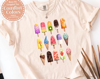 Top corto de verano con estampado de paleta de helado, camiseta de helado, colores cómodos, camiseta corta holgada para mujer, regalo para amantes del helado, linda camiseta para amantes de los postres y la comida.