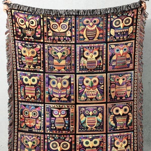 owls woven Throw blanket, owl granny square perouvian-style jacquard tapestry decor.