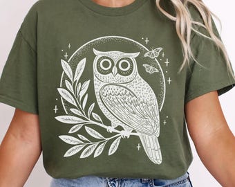 Koszulka z sową Koszulka z motywem nieba Koszulka dla miłośników ptaków Koszulka z motywem boho folk art Sowa Księżyc, mistyczna sowa Drzeworyt Linoryt Styl, słodka koszulka Cottagecore Nocna sowa