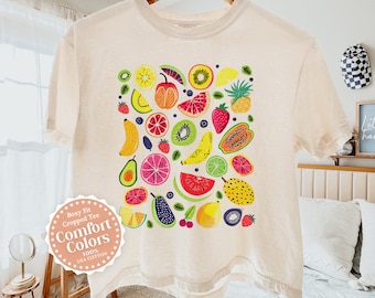 Söt fruktig kort boxig t-shirt, bekväma färger, fruktig kort längd, estetisk vintage tropisk sommarcrop top, citron-jordgubb t-shirt