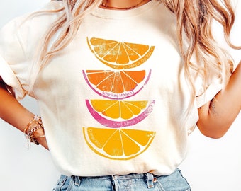 Camiseta naranja con colores cómodos, linda camiseta de verano para mujer, camiseta con rodajas de naranja y frutas cítricas, camiseta picante, camiseta vintage retro con frase positiva, regalo