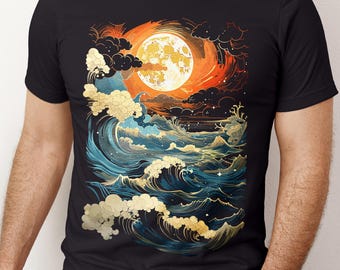 Full Moon Shirt Celestial Moon over Ocean T shirt Retro Red Moon T-shirt, Aesthetic Tidal Wave Moonlight Sea, Midnight Moon Light Waves Tee