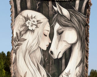 Horse Blanket, Woven Throw Jacuard Fringe Tapestry, Girl Horse Bed