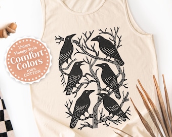 魔女のカラスタンクトップ 快適な色 ヴィンテージタンクトップ リノカットスタイル カラス カラス 神秘的な鳥のトップス レトロ オカルトタンクトップ ハロウィン 魔女ギフト