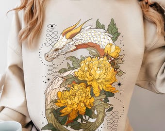 Mystical Dragon Sweatshirt Hoodie, Boho Floral Dragon Shirt, Chinese Dragon Sweater, White Dragon Flower Pullover, Mystic Wyrm Fantasy Gift
