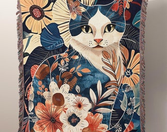Cat Woven Throw Blanket, Cute Kitten in Flowers Cotton Jacquard