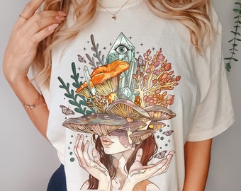 Chemise champignon femmes confort couleurs T-shirt, cadeau d&#39;amateurs de champignons éveil spirituel mystique sorcière, t-shirt champignons bohème cottagecore
