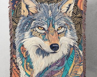 Wolf Woven Blanket Cotton Throw Eclectic Shamanic Tapestry Decor, Colorful Aesthetic Bohemian Spirit Animal Fringe Lap Blanket Bedding Gifts