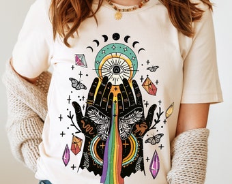 Mystical Witchy Hands Shirt, Bohemian Celestial Evil-Eye, Butterfly, rainbows & Crystals, Tarot Whimsigoth Spiritual Tee, Gift for Hippies