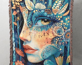 Woven Throw Blanket, Boho Whimsical Forest Spirit Witchy Lap Blanket, Bohemian Home Decor Gift, Goddess Wall Tapestry, Cozy Bedding Coverlet