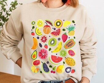 Fruitsweatshirt, leuke kleurrijke trui tropisch fruit, citroen-citrusaardbei, esthetische fruitige maximalistische trui, cadeau voor haar