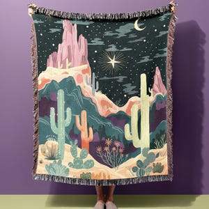 Desert Night Woven Blankets, Cactus Cotton Fringe Throw, Boho Witchy Whimsical Mystical Bedding, Aesthetic Colorful Tapestry Wall Art Decor