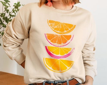 Orange Slices Sweatshirt, Cute Citrus Fruits Sweater, Abstract Zesty Vibe, Retro Vintage Lemon Grapefruit Woman's Pullover, Positive Sayings