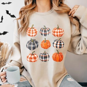 Pompoensweater Halloween-trui pompoenhoodie pompoenseizoen, geruite pompoen T-shirt, herfstshirt, herfst ronde hals Thanksgiving-cadeau