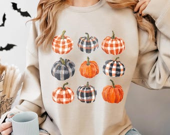 Pumpkin Sweatshirt Halloween Sweater Pumpkin Hoodie Pumpkin Season, Plaid Pumpkin Tee, Fall Season Shirt, Autumn Crew Neck Thanksgiving Gift