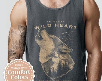 Wolf Tank Top, Vintage Animal Tank Top for Men, Wild Heart, Camping Nature Lovers Gift, Wild free Sleeveless Shirt, National Park Outfit