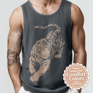 Regata Vintage Tiger Comfort Colors de Algodão para Homens e Mulheres, Regatas Retrô com Estampa de Tigres, Presente para Amantes de Tigres, Roupa Ideal para Acampamento com Tema de Animais Selvagens