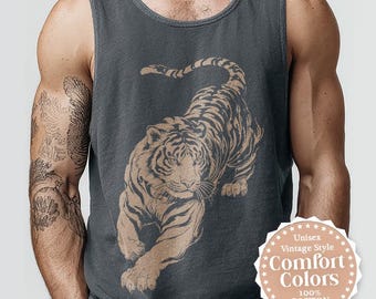 Débardeur tigre vintage, couleurs confortables, débardeurs en coton pour hommes et femmes, débardeurs rétro animaliers, cadeau pour amoureux des tigres, tenue de camping pour animaux sauvages