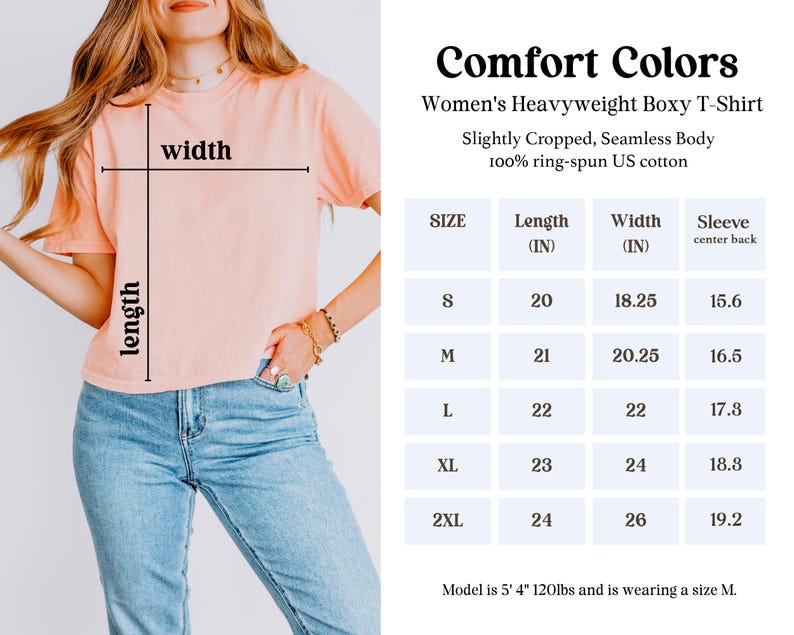 May include: A peach-colored, boxy t-shirt is shown with a size chart. The chart details the length, width, and sleeve measurements in inches for sizes S through 2XL. The shirt is made of 100% ring-spun US cotton.