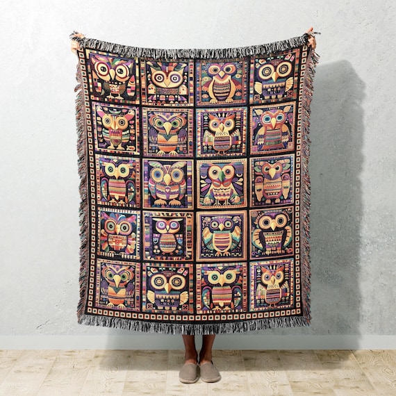 Owl Throw Blanket, Granny Square Woven Blanket, Cute Owls Checkered Lap Blanket, Tribal Peruvian Art Tapestry Home decor, Bird Lovers Gifts
