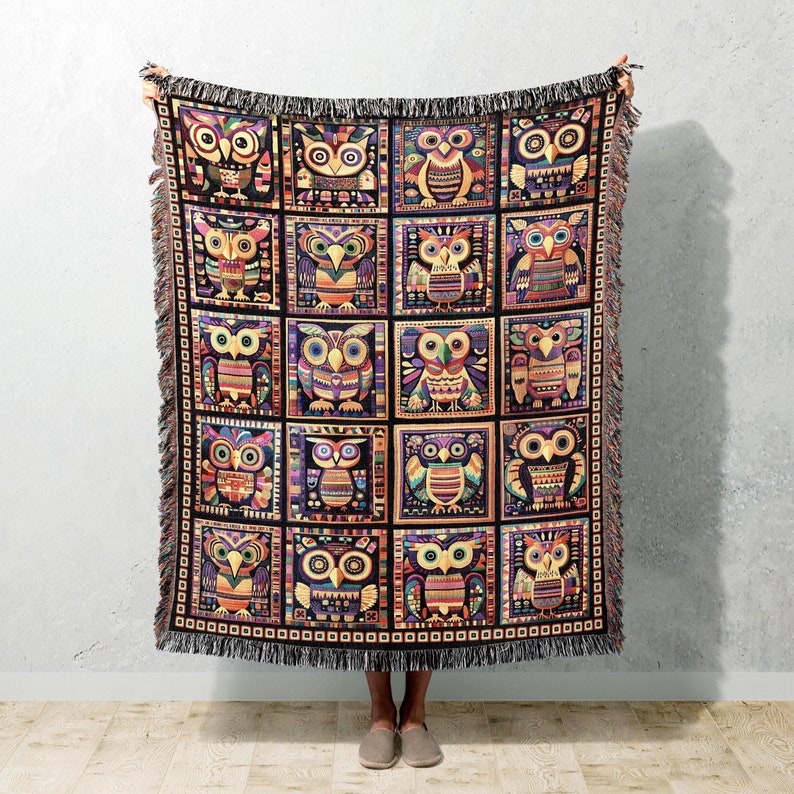 owls woven Throw blanket, owl granny square perouvian-style jacquard tapestry decor.