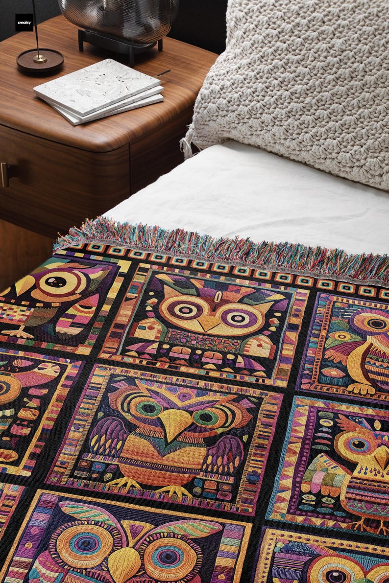 May include: A woven throw blanket with a black background and a colorful geometric pattern of owls. The owls are in different colors, including yellow, orange, purple, and green. The blanket has a fringe border.