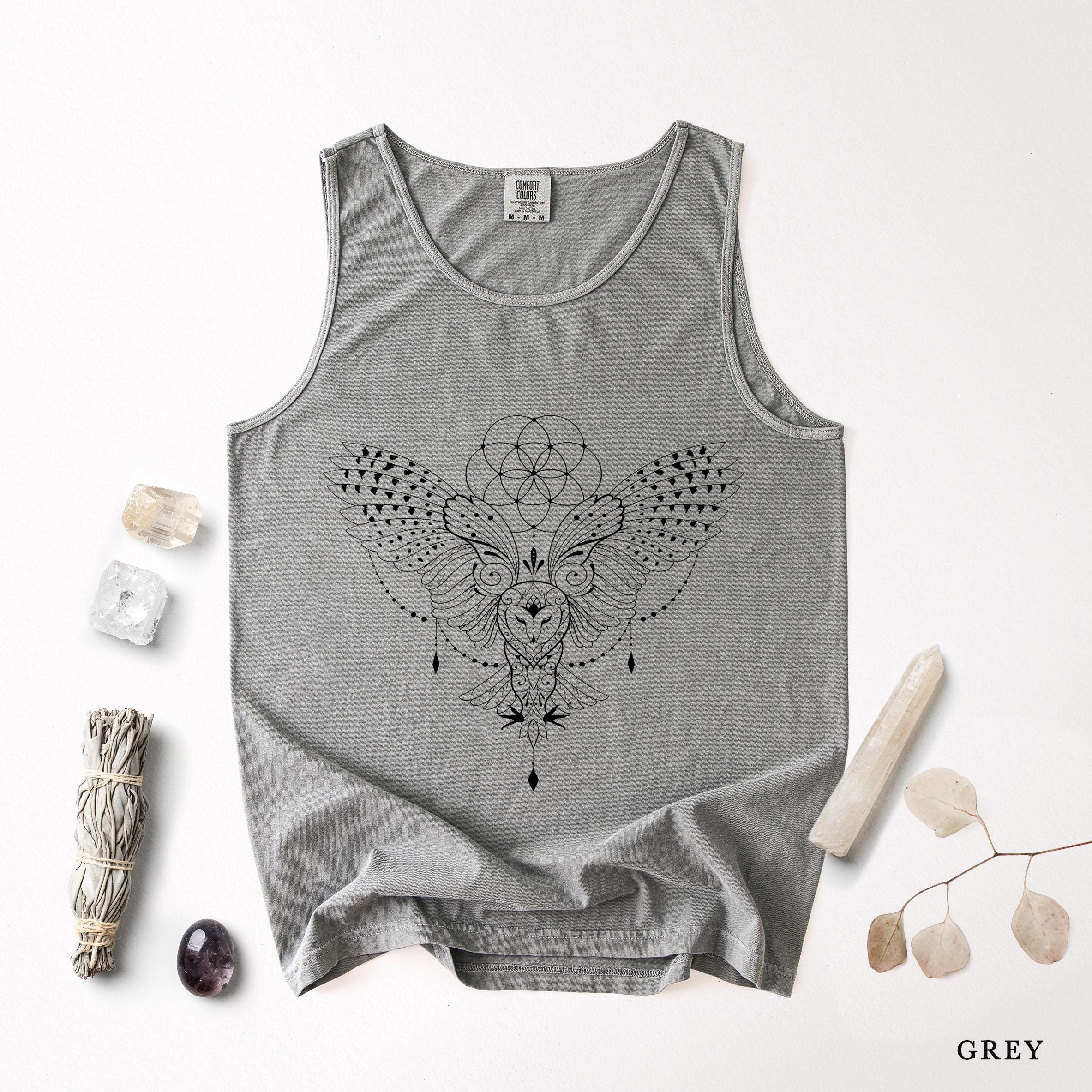 Barn Owl Tank Top Comfort Colors, Mystic Minimalist Yoga Tank, Spiritual Witchy Bird Tops, Whimsical