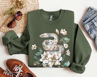 Snake Sweatshirt, Serpent Flowers, Boho Vintage Goblincore Witchy Pullover, Cottagecore Aesthetic Botanical Floral White Snake Sweater Gift